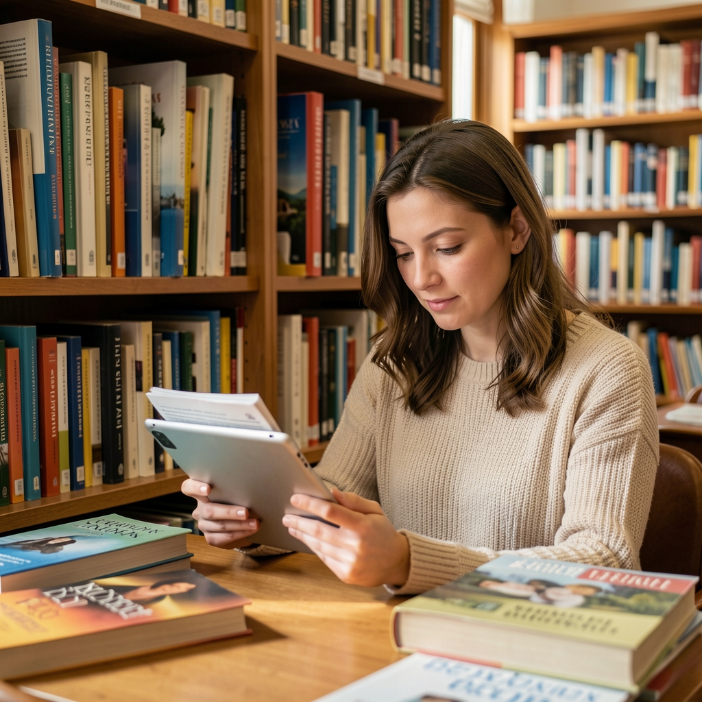 Mlada žena čita vijesti na tabletu, okružena knjigama u biblioteci, fokusirana na sadržaj