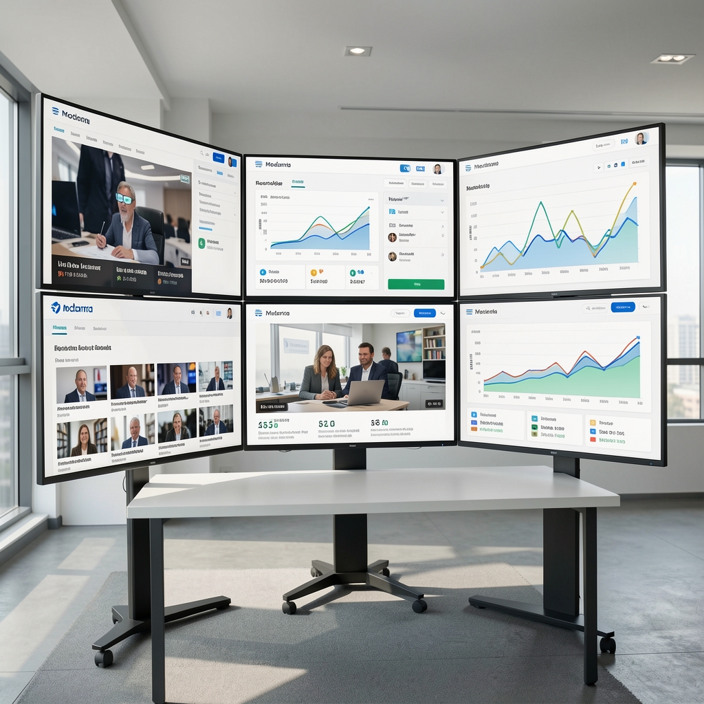 Moderna digitalna redakcija sa više ekrana koji prikazuju analitičke dashboarde, live streamove vijesti i grafove konzumacije sadržaja u realnom vremenu
