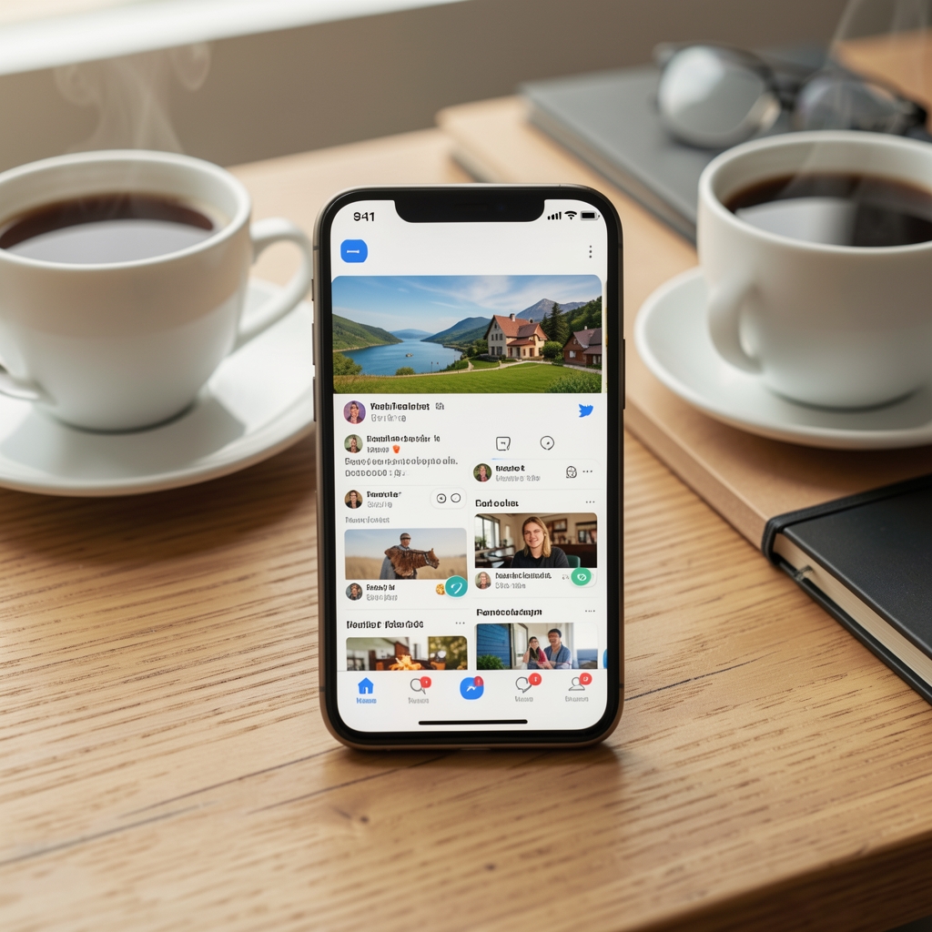 Pametni telefon sa otvorenim news feed aplikacijama i obavijestima s više portala, na radnoj površini uz kafu