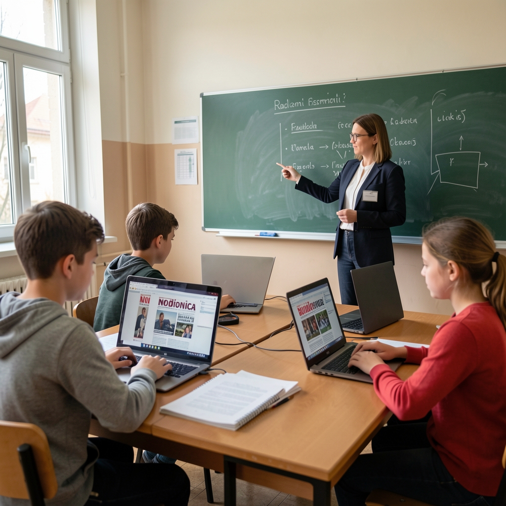 Radionica medijske pismenosti u školi, učenici rade na laptopima i analizi novinskih naslova uz nastavnika koji objašnjava na tabli